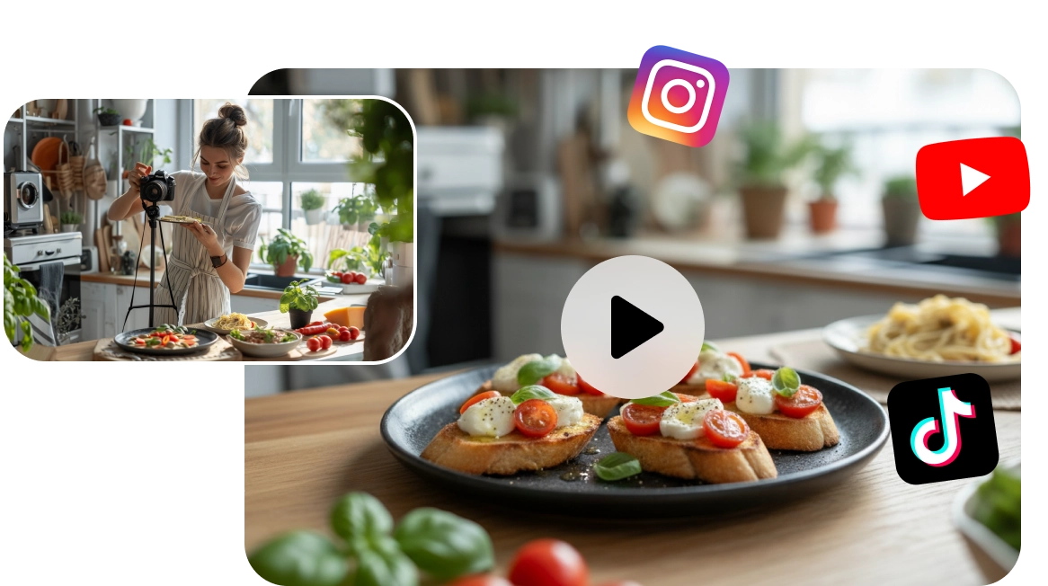 一支美食影片與三個社群平台圖示